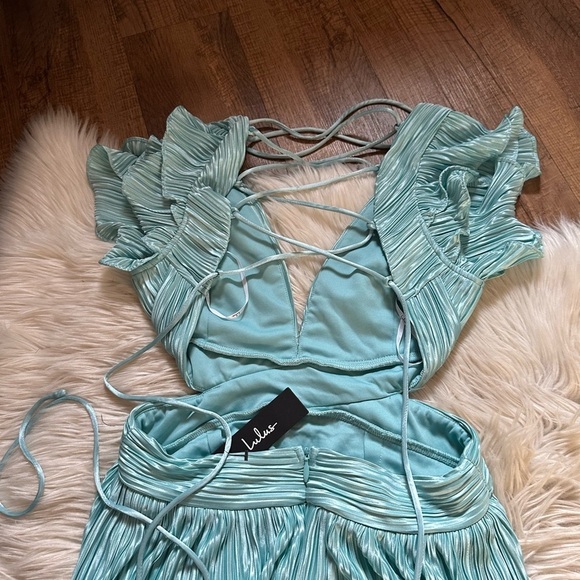 LULU’S Captivating Delight Teal Blue Plisse Satin Lace-Up Mini Dress - Picture 6 of 7